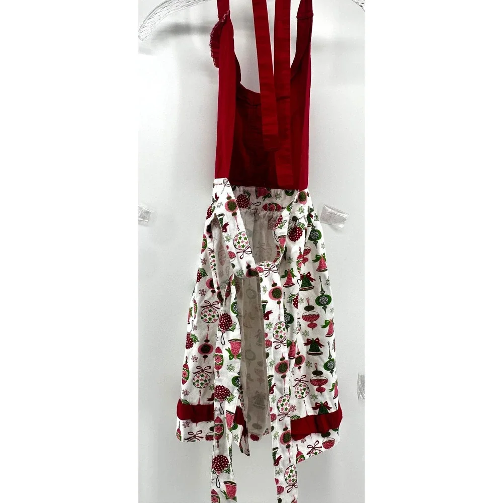 Christmas Kitchen Apron Red Green Ornament Bell Print Ruffle Cotton